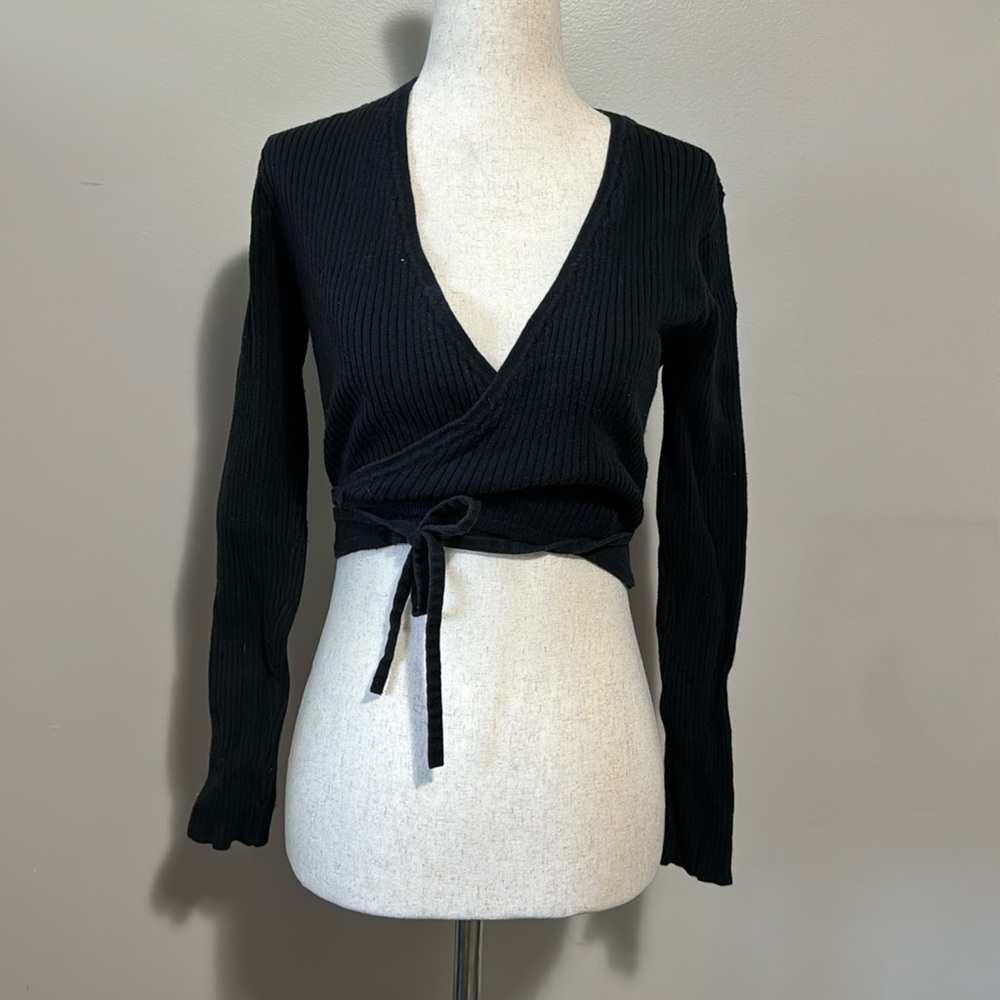 Sanctuary Black Ribbed Wrap V-Neck Sweater